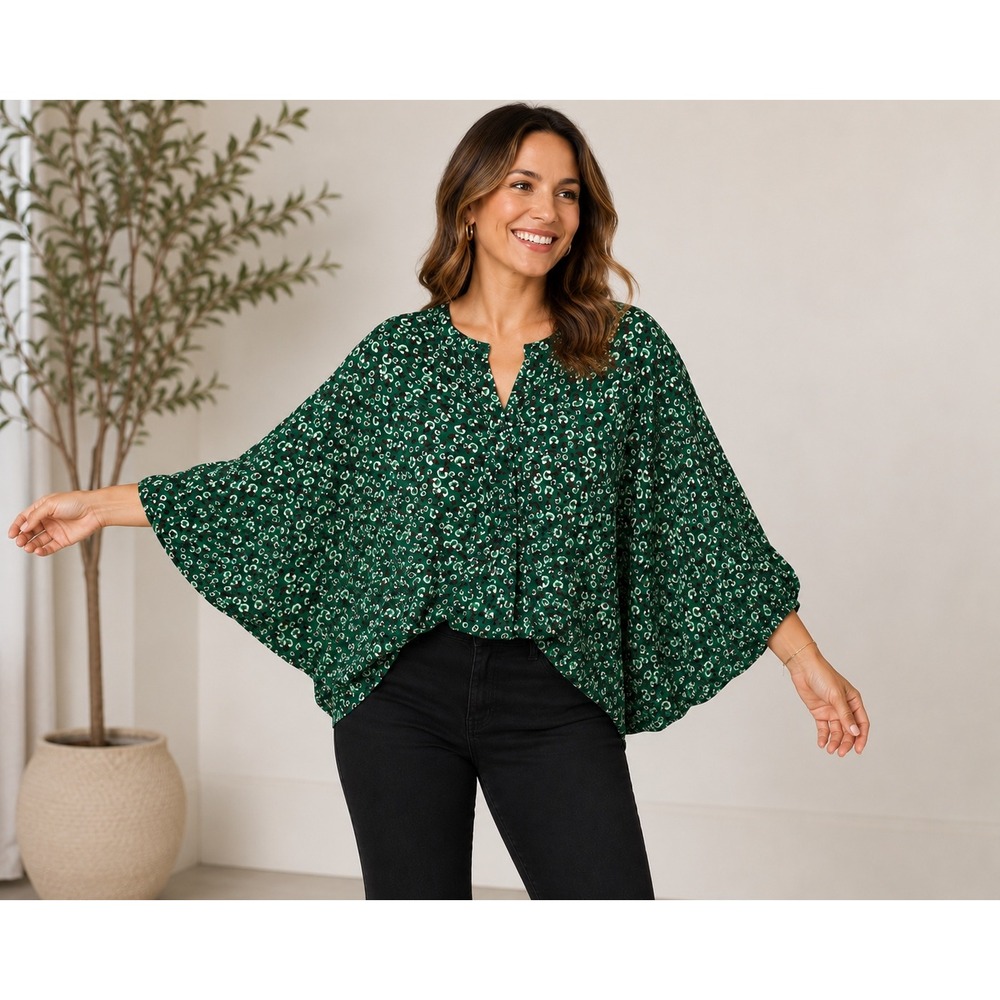 VICI Green Abstract Floral Dolman Kimono Sleeve V-Neck Blouse Large